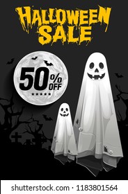 Halloween Sale, Ghost, treat or trick, Vector illustration, Vertical Poster, you can place relevant content on the area.