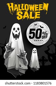 Halloween Sale, Ghost, treat or trick, Vector illustration, Vertical Poster, you can place relevant content on the area.
