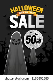 Halloween Sale, Ghost, treat or trick, Vector illustration, Vertical Poster, you can place relevant content on the area.