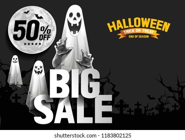 Halloween Sale, Ghost, treat or trick, Vector illustration,  horizontal Poster, you can place relevant content on the area.