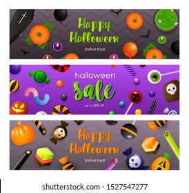 Halloween sale gray, violet banner set with candies, potion. Halloween, October, trick or treat. Lettering can be used for greeting cards, invitations, announcements