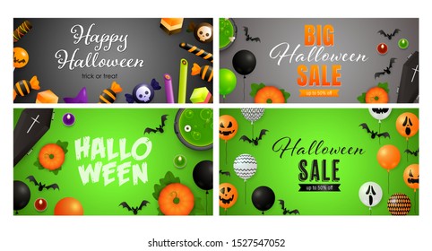 Halloween sale green, gray banner set with balloons, sweets. Halloween, October, trick or treat. Lettering can be used for greeting cards, invitations, announcements