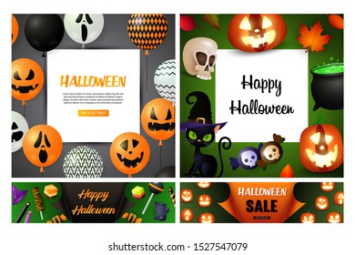 Halloween sale green, gray banner set with candies. Halloween, October, trick or treat. Lettering can be used for greeting cards, invitations, announcements