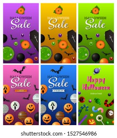 Halloween sale green, pink banner set with sweets, balloons. Halloween, October, trick or treat. Lettering can be used for greeting cards, invitations, announcements