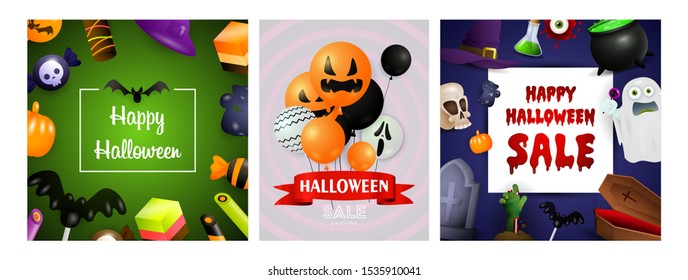Halloween sale green, violet banner set with creepy balloons. Bat, pumpkin, pot. Lettering can be used for greeting cards, invitations, announcements