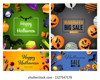 Halloween sale green, yellow banner set with candies. Halloween, October, trick or treat. Lettering can be used for greeting cards, invitations, announcements