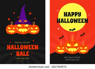 Halloween sale and gretting flyer poster card design, vector	
