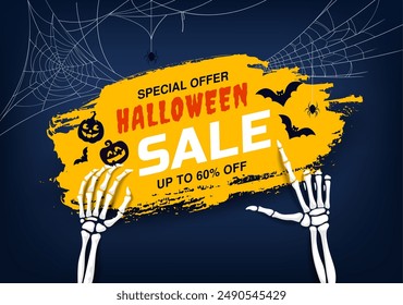 Halloween sale grunge banner with skeleton hand and spider cobweb, vector background. Halloween horror night holiday discount or sale promotion banner with pumpkins, bats and spiders in spiderweb