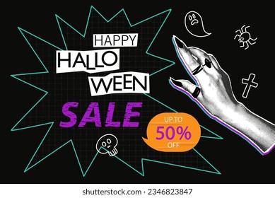 Halloween sale halftone collage banner with witch hand, doodles and speech bubble. Modern mixed media design. Spooky pop art background template. Vector illustration