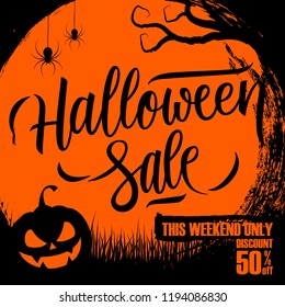 Halloween Sale handwritten lettering on orange circle brush stroke background with scary pumpkin for holiday shopping, business, promotion and advertising. Vector illustration.