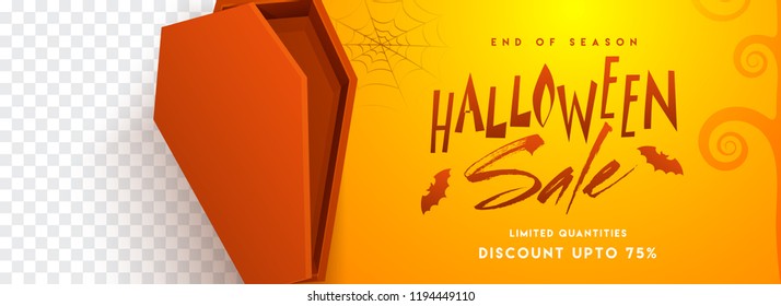 Halloween Sale Header or Banner design with 75% discount offer and coffin on shiny orange background with space for your text.