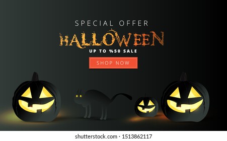 Halloween Sale header or banner design with 50% discount offer and black cat and scary pumpkins on night graveyard background.