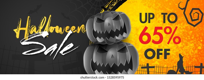 Halloween Sale header or banner design with 65% discount offer and scary pumpkins on abstract graveyard background.