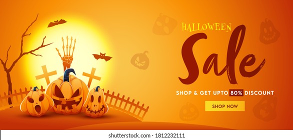 Halloween Sale Header or Banner Design with 80% Discount Offer and Jack-O-Lanterns on Full Moon Orange Background.