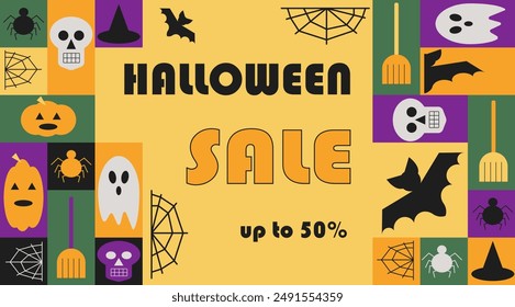 Halloween sale high contrast abstract horizontal banner in geometric style. Scary and spooky elements in simple geometric shapes, vector flat style. Good for advertisement and trading