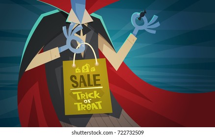 Halloween Sale Holiday Seasonal Discount Concept Monster Hand Holding Shopping Bag Flat Vector Illustration