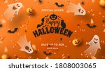 Halloween sale horizontal banner. Holiday promo banner with spooky flying ghosts, black spiders and bats, scary pumpkins, serpentine and confetti on orange background. Vector illustration.