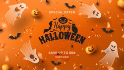 Halloween Sale Horizontal Banner. Holiday Promo Banner With Spooky Flying Ghosts, Black Spiders And Bats, Scary Pumpkins, Serpentine And Confetti On Orange Background. Vector Illustration.