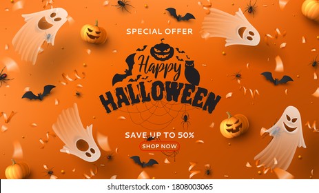 Halloween sale horizontal banner. Holiday promo banner with spooky flying ghosts, black spiders and bats, scary pumpkins, serpentine and confetti on orange background. Vector illustration.