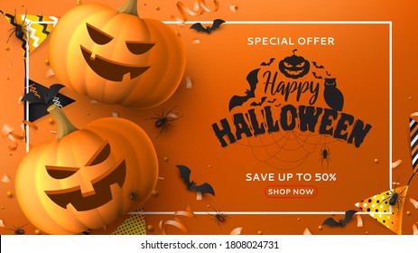 Halloween sale horizontal banner. Holiday promo banner with black spiders and bats, scary pumpkins, colorful garlands, serpentine and confetti on orange background. Vector illustration.