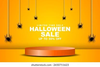 Vente Halloween conception de template de bannière horizontale. Podium sur fond d'ambiance Halloween.