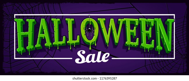 Halloween sale horizontal banner with web of spider on dark background in cartoon style. 