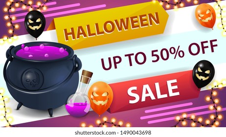 Halloween sale, horizontal discount banner with halloween balloons and garland. Discount banner with up to 50% off