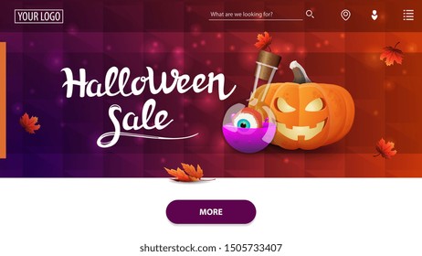 Halloween sale, horizontal discount banner for homepage website with purple polygonal texture, pumpkin Jack and witch's potion