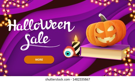 Halloween sale, horizontal purple discount banner in paper cut style with spell book and pumpkin Jack