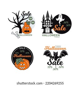 Halloween sale icons. Vector illustration. Discount stickers. Pumpkins, castle, bat.