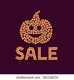 Halloween sale inscription with pumpkin silhouette made of small candy corns on dark background. Holiday trick or treat concept. Vector illustration