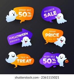 Halloween sale label collection with funny ghost illustration. Halloween cute sticker set template. Vector illustration.