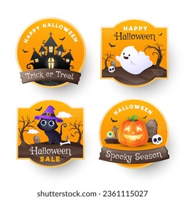 Halloween sale label collection with funny ghost, black witch cat, pumpkin and castle. Halloween cute sticker set template. Vector illustration.