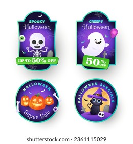 Halloween sale label collection with funny ghost, black witch cat, pumpkin and skeleton character. Halloween cute sticker set template. Vector illustration.