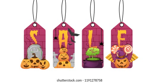Halloween sale labels with pumpkin heads, candies, witches cauldron. vector illustration isolated.