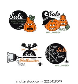 Halloween sale labels. Vector icons. Discount stickers. Pumpkins, web, bat, broom.