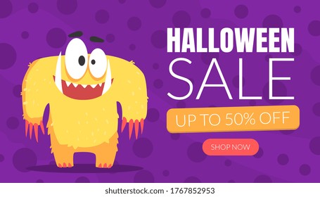 Halloween Sale Landing Page Template, Cute Funny Monster Character, Special Offer, Up to 50 Percent Off Website, Mobile App, Homepage Cartoon Vector Illustration