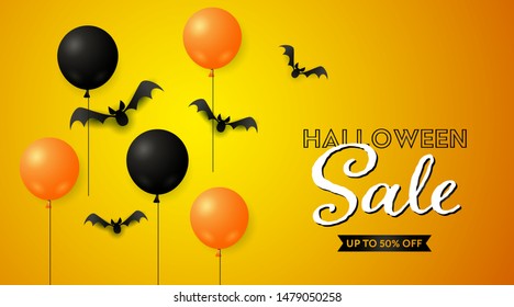 Halloween Sale lettering with bats and balloons. Invitation or advertising design. Handwritten and typed text, calligraphy. For leaflets, brochures, invitations, posters or banners.