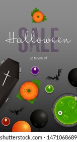 Halloween Sale lettering with coffin and potion in cauldron. Invitation or advertising design. Handwritten text, calligraphy. For leaflets, brochures, invitations, posters or banners.