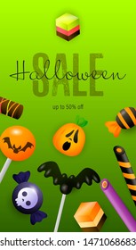 Halloween Sale lettering and confectionary. Invitation or advertising design. Handwritten text, calligraphy. For leaflets, brochures, invitations, posters or banners.