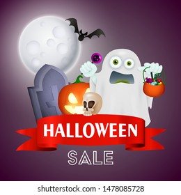 Halloween sale lettering in frame with frightened ghost with sweets, skull, grave and flying bat on dark blue moon light background. Lettering can be used for posters, leaflets, flyers 