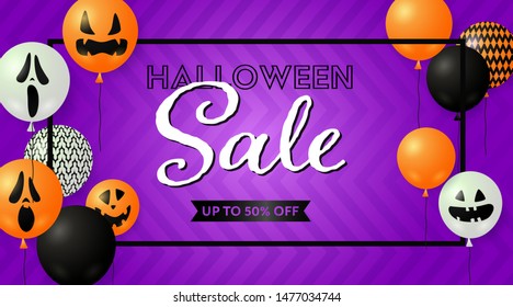 Halloween Sale lettering in frame with spooky balloons. Invitation or advertising design. Handwritten and typed text, calligraphy. For leaflets, brochures, invitations, posters or banners.