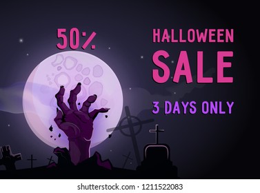 Halloween Sale lettering with moon and zombie hand. Advertising design. Typed text, calligraphy. For leaflets, brochures, invitations, posters or banners.