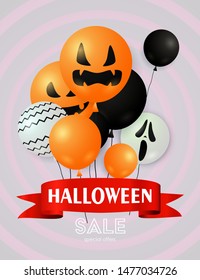 Halloween Sale lettering on ribbon with spooky balloons. Invitation or advertising design. Typed text, calligraphy. For leaflets, brochures, invitations, posters or banners.
