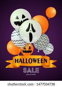 Halloween Sale lettering on ribbon with balloons. Invitation or advertising design. Typed text, calligraphy. For leaflets, brochures, invitations, posters or banners.