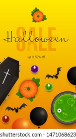 Halloween Sale lettering with potion in cauldron and pumpkins. Invitation or advertising design. Handwritten text, calligraphy. For leaflets, brochures, invitations, posters or banners.