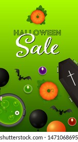 Halloween Sale lettering with pumpkins, coffin and potion. Invitation or advertising design. Handwritten text, calligraphy. For leaflets, brochures, invitations, posters or banners.