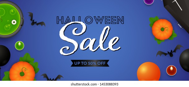 Halloween Sale lettering, pumpkins, potion and candles. Invitation or advertising design. Handwritten and typed text, calligraphy. For leaflets, brochures, invitations, posters or banners.