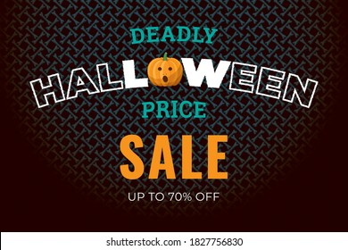 Halloween Sale Logo with Screaming Pumpkin and Deadly Low Price Lettering Inside Comic Shopping Concept - Orange on Dark Bones Background - Vector Flat Graphic Design