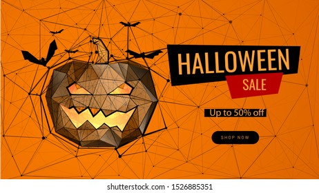 Halloween sale low poly landing page template. Holiday discount web banner. 3d Jack o lantern polygonal illustration. Glowing pumpkin with scary grimace mesh art homepage design layout